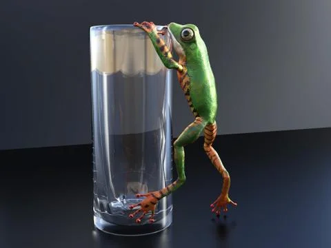 3D rendering of a realistic tree frog climbing on a glass. Illustrazione stock