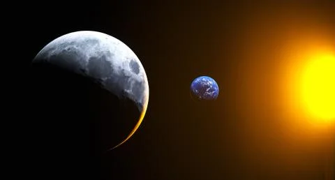 3D Rendering Of Realistic View From The Moon To The Earth With Sun Shine The  イラスト素材