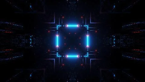 3D rendering of a rectangular hallway made up of blue and red lights Ilustración de archivo