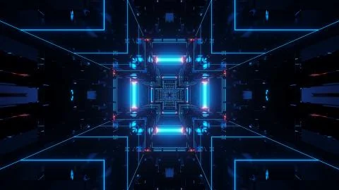 3D rendering of a rectangular hallway made up of blue and red lights Ilustración de archivo