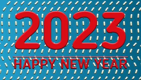 3D rendering of the red 2023 HAPPY NEW YEAR text with white dots isolated o.. Illustration