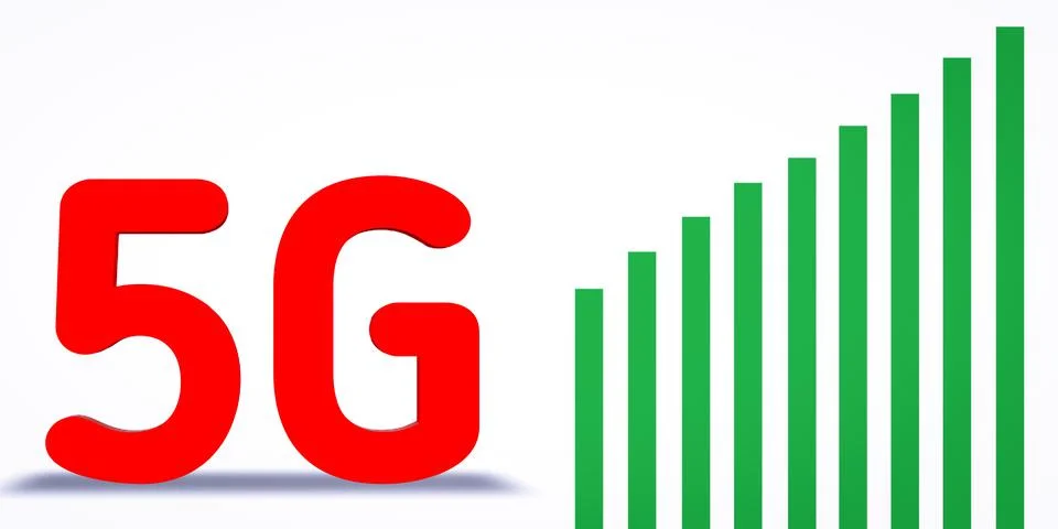 3D rendering red 5G text with green arrow Illustrazione stock