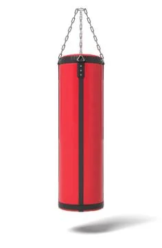3d rendering of a red and black boxing bag hanging on metal chains on a white Stock Illustration
