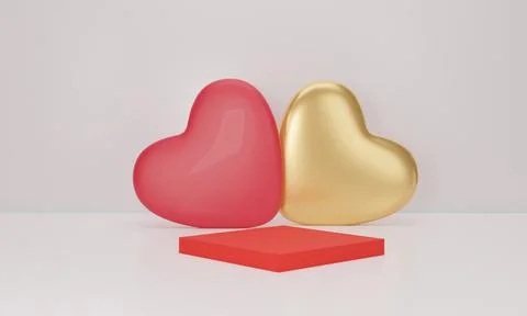 3D rendering. Red and gold heart with podium on white background. Abstract mi Stock Illustration