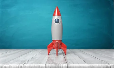 3d rendering of a red and silver realistic model of a retro rocket stands on a Stock Illustration