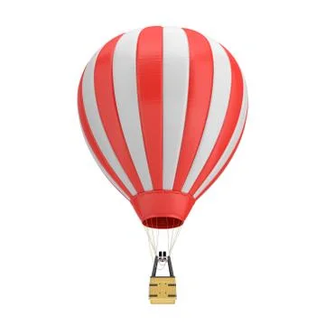 3d rendering of a red and white hot air balloon with a basket on white Stock Illustration