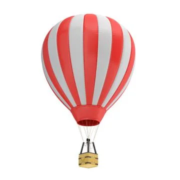 3d rendering of a red and white hot air balloon with a basket on white イラスト素材