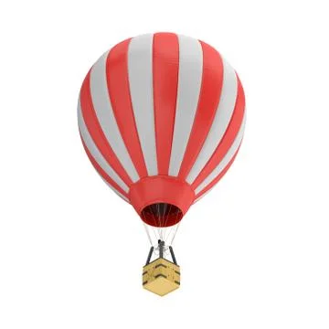 3d rendering of a red and white hot air balloon with a basket on white Stock Illustration