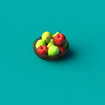 3D RENDERING OF RED APPLES AND GREEN PEARS IN BASKET ON PLAIN BACKGROUND Stock Illustration
