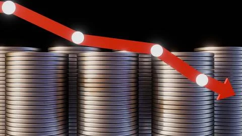 3D rendering of the red arrow and stack of coins, downward financial trend. Stock Illustration