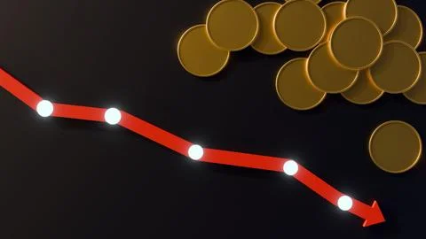 3D rendering of the red arrow and stack of coins, downward financial trend. Stock Illustration