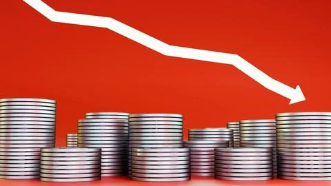 3D rendering of the red arrow and stack of coins, downward financial trend. Stock Illustration
