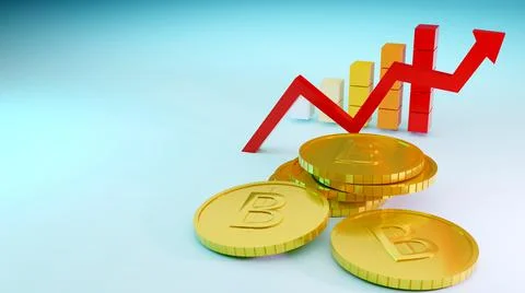 3d rendering of red arrows and a pile of coins Stock Illustration