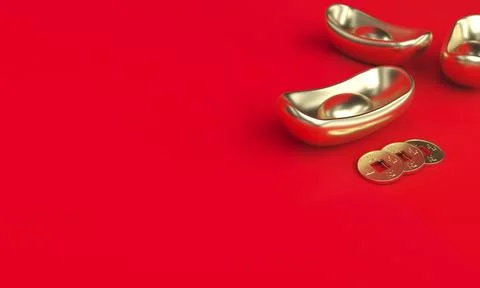 3D rendering red background and traditional Chinese currency gold ingot Stock Photos