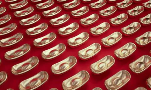 3D rendering red background and traditional Chinese currency gold ingot Stock Photos