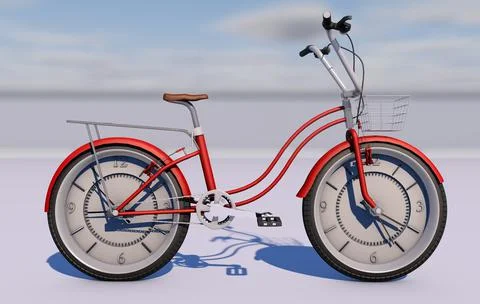 3D rendering of a red bicycle with a clock in wheels Stock Illustration