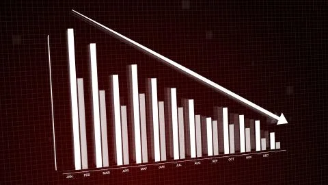 3D rendering of red on black of bar graph chart plummeting. Illustrazione stock