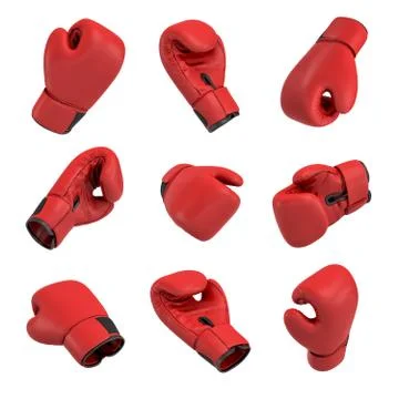 3d rendering of a red boxing glove on white background in many different angles. Stock Illustration