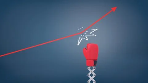3d rendering of a red boxing glove on a spring punches a red statistic arrow and Stock Illustration