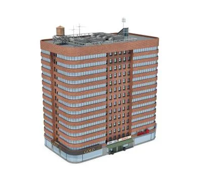 3d rendering of a red brick apartment building with shops on the ground floor. Stock Illustration