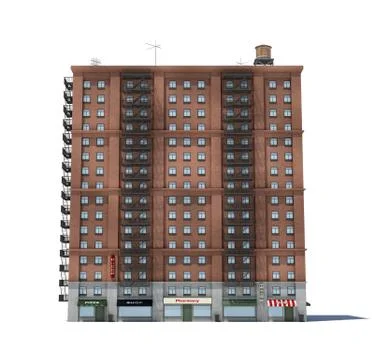 3d rendering of a red brick apartment building with fire escapes and shops on Stock Illustration
