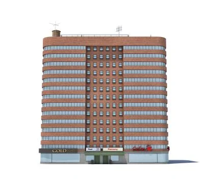 3d rendering of a red brick apartment building with shops on the ground floor. Stock-Illustration