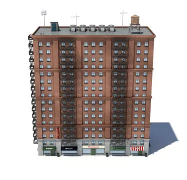 3d rendering of a red brick apartment building with fire escapes and shops on Stock Illustration