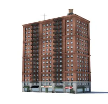 3d rendering of a red brick apartment building with fire escapes and shops on Stock Illustration