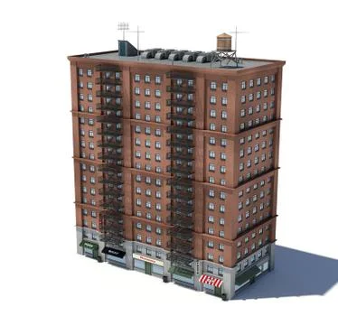 3d rendering of a red brick apartment building with fire escapes and shops on Illustrazione stock