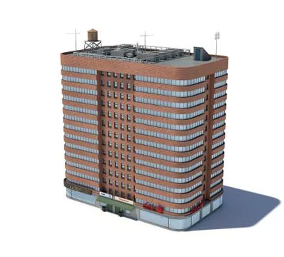 3d rendering of a red brick apartment building with shops on the ground floor. Stock Illustration