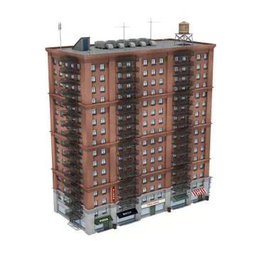 3d rendering of a red brick apartment building with fire escapes and shops on Stock Illustration