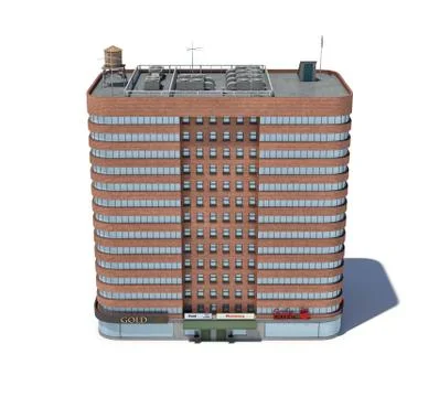 3d rendering of a red brick apartment building with shops on the ground floor. Stock Illustration