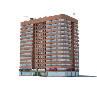 3d rendering of a red brick apartment building with shops on the ground floor. Stock Illustration