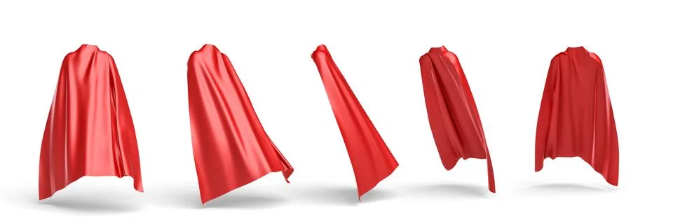 3d rendering of a red cape draped over invisible silhouette in five different Stock Illustration