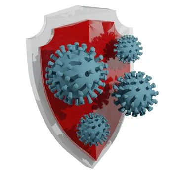 3D rendering of red crystal viruses and bacteria attack strong shield. Prev.. Illustrazione stock