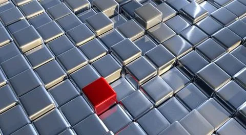 3D rendering of red cube among silver cubes - concept of distinctiveness 스톡 일러스트