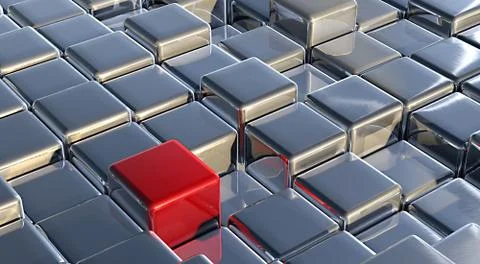 3D rendering of red cube among silver cubes - concept of distinctiveness 스톡 일러스트
