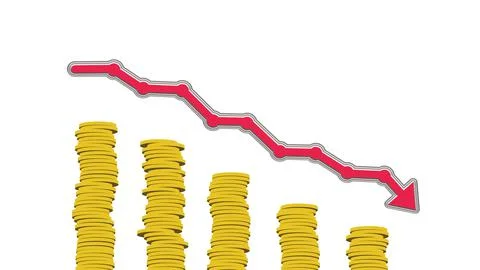 3D rendering of red decreasing arrow above stack of coins on white background 库存插图