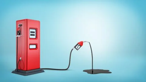 3d rendering of a red gas pump connected to a red nozzle that's leaking petrol Stock Illustration