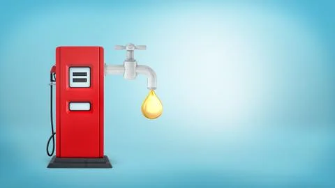 3d rendering of a red gas pump on a blue background with a metal faucet attached Stock Illustration