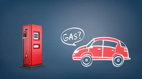3d rendering of red gas pump near a drawing of a red retro car with a word Gas Stock Illustration
