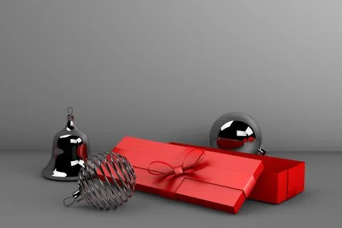 3d rendering of red gift box with red ribbon on black background. Stock Illustration