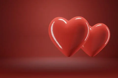 3D rendering Red heart is flying on a red background. Symbols of love for hap 写真素材