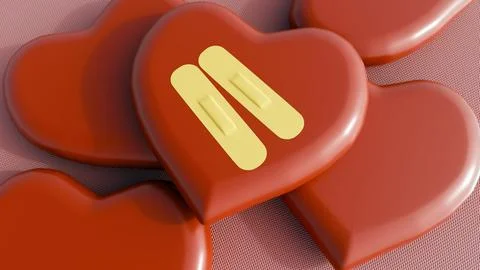 A 3d rendering of red heart shape and flesh-colored bandage pad Stock Illustration