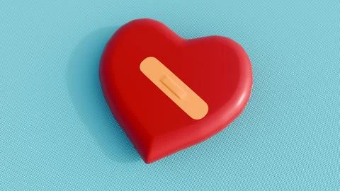 A 3d rendering of red heart shape and flesh-colored bandage pad Illustrazione stock