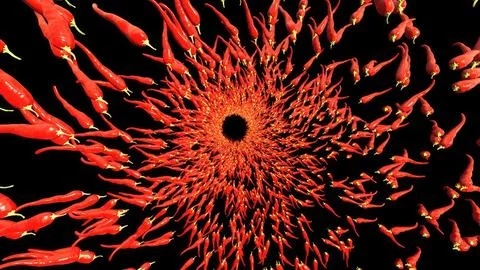 3d rendering of red hot chilli in abstract space with black background. Stock Illustration