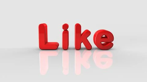 3D rendering red lettering Like on a white reflecting background. Words Like Stock Photos