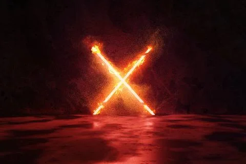 3d rendering of red lighten X alphabet shape in fire against grunge wall b... Stock Photos