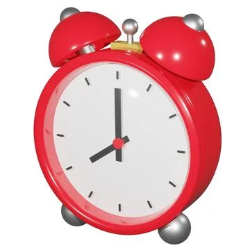 3D rendering of red mechanical alarm clock with hour and minute hand. Wake .. Stock Illustration