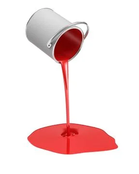 3d rendering of a red paint bucket overturned with paint leaking out into a Stock Illustration